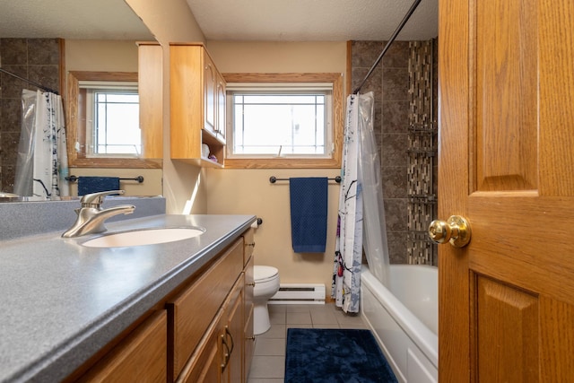 full bathroom with tile patterned flooring, vanity, shower / tub combo, baseboard heating, and toilet