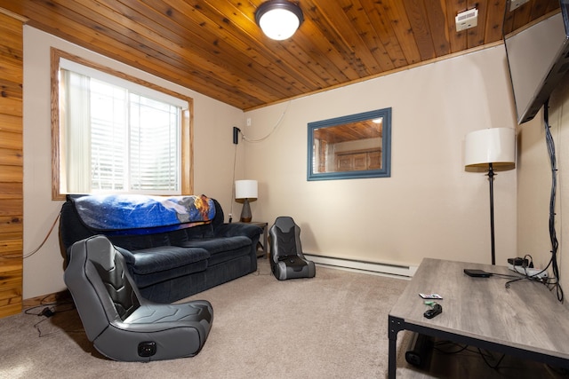 living room with wood ceiling, a baseboard radiator, and carpet