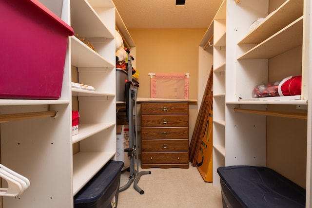 walk in closet with light colored carpet