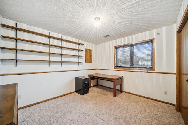 unfurnished office featuring light colored carpet and a textured ceiling