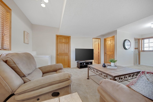 carpeted living room featuring a textured ceiling