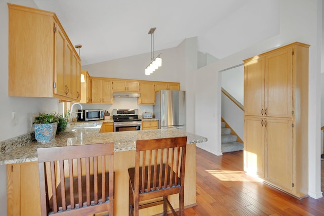 kitchen featuring sink, light brown cabinets, kitchen peninsula, stainless steel appliances, and light hardwood / wood-style floors