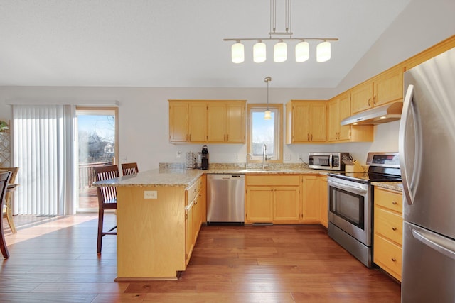 kitchen featuring pendant lighting, sink, a breakfast bar area, kitchen peninsula, and stainless steel appliances