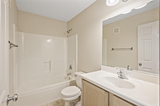 full bathroom featuring washtub / shower combination, vanity, toilet, tile patterned floors, and a textured ceiling