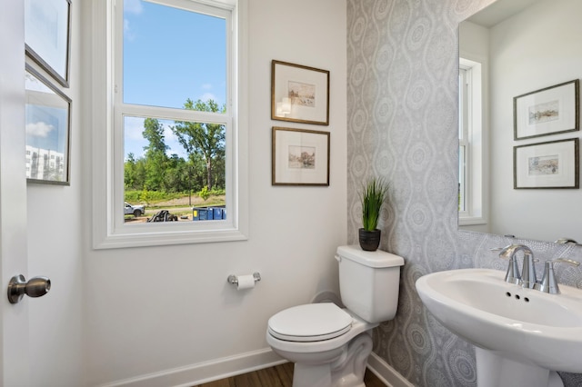 bathroom featuring a healthy amount of sunlight, sink, and toilet