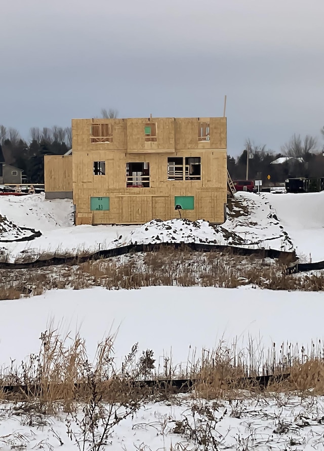 view of snow covered building