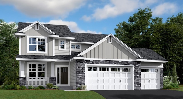 craftsman house featuring a shingled roof, an attached garage, board and batten siding, stone siding, and driveway