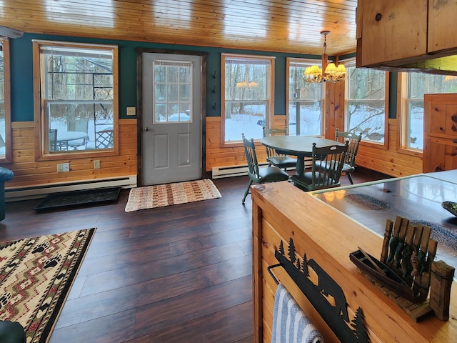 interior space featuring dark hardwood / wood-style flooring, wooden walls, wood ceiling, and baseboard heating