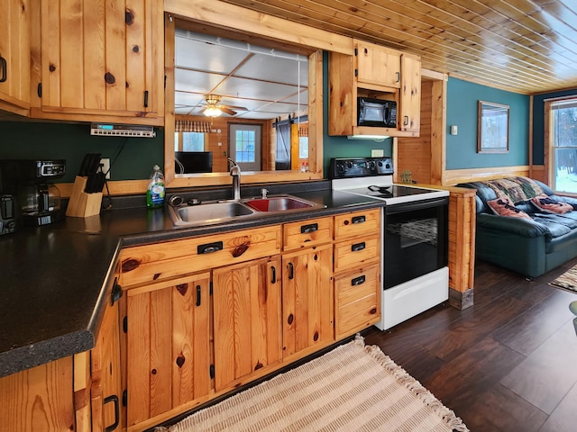 kitchen featuring sink, wooden ceiling, dark hardwood / wood-style floors, electric stove, and ceiling fan