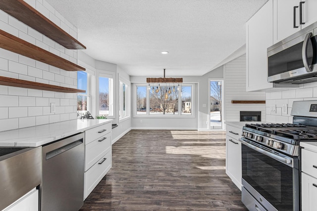 kitchen with open shelves, dark wood-style floors, white cabinetry, and stainless steel appliances