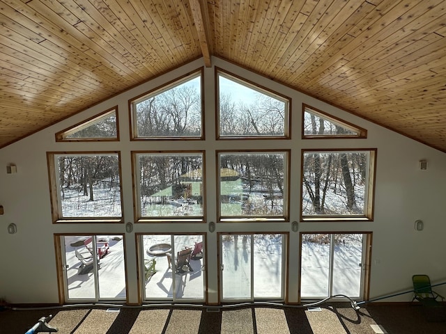 interior space featuring wood ceiling and carpet