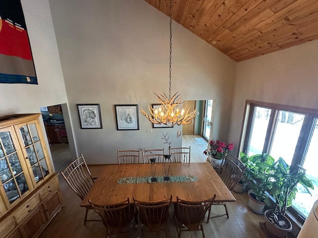 dining area with a chandelier, wood finished floors, high vaulted ceiling, and wooden ceiling