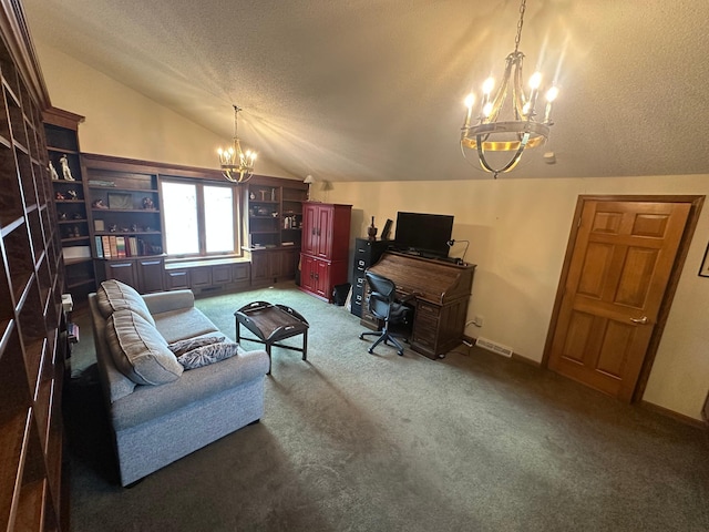 carpeted living area with an inviting chandelier, vaulted ceiling, and a textured ceiling