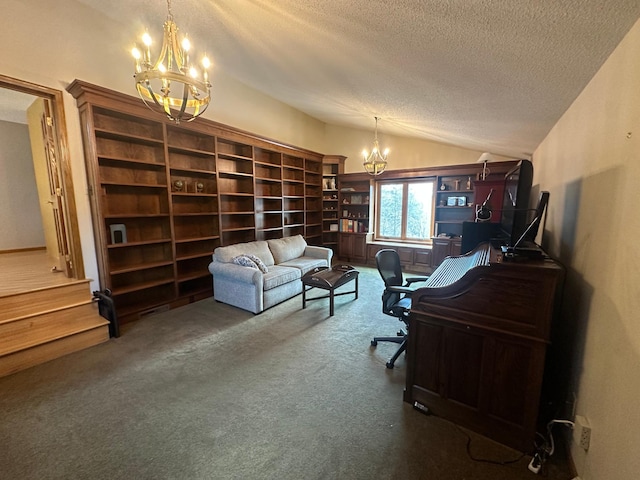 carpeted office space with lofted ceiling, a textured ceiling, and a chandelier