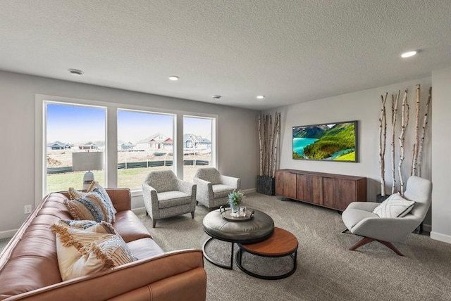 carpeted living room with a textured ceiling