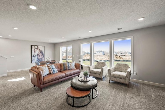 living room with carpet floors and a textured ceiling