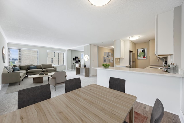 dining area featuring sink and a textured ceiling