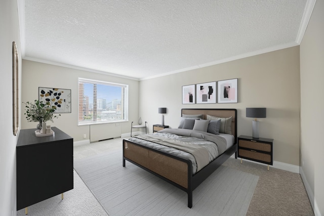 carpeted bedroom with crown molding and a textured ceiling