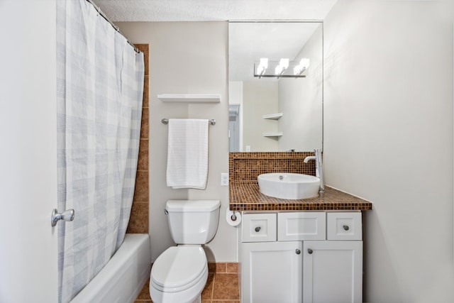 full bathroom with toilet, vanity, shower / bathtub combination with curtain, and tile patterned flooring