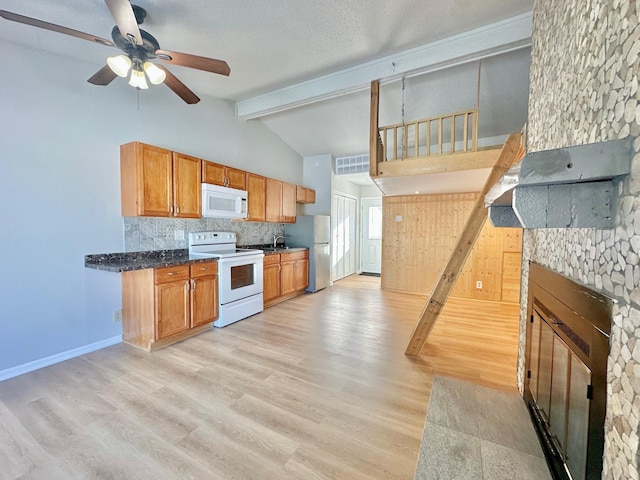 kitchen with white appliances, ceiling fan, lofted ceiling with beams, decorative backsplash, and light wood-type flooring