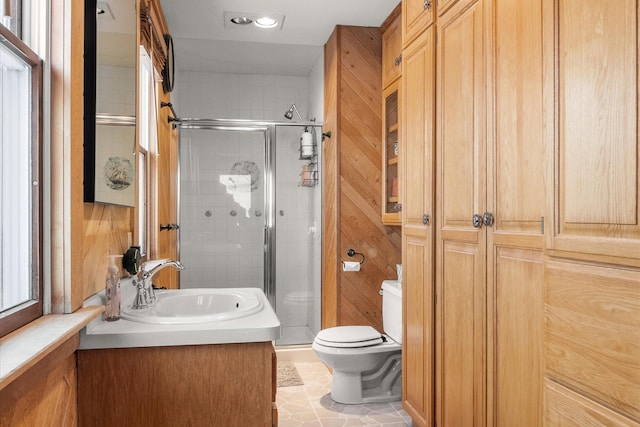 bathroom featuring vanity, toilet, and a stall shower