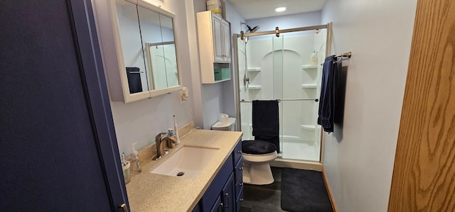 bathroom with toilet, vanity, and walk in shower