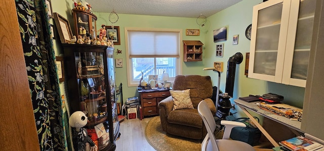 living area with hardwood / wood-style floors and a textured ceiling