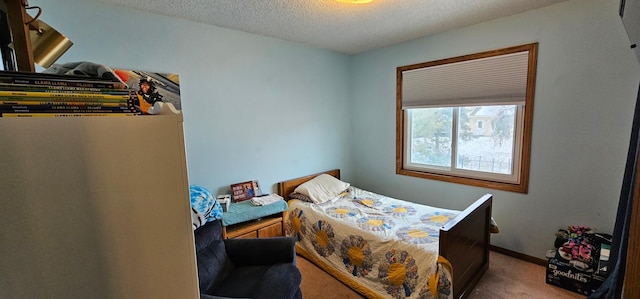 bedroom featuring carpet and a textured ceiling