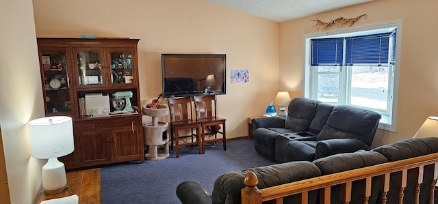 living room featuring vaulted ceiling, a textured ceiling, and dark colored carpet