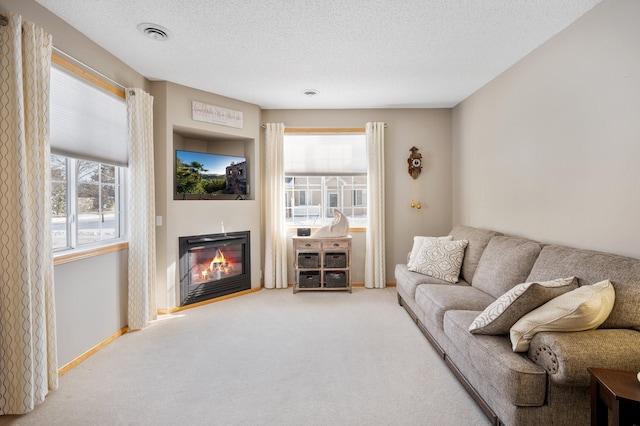 living room with carpet and a textured ceiling