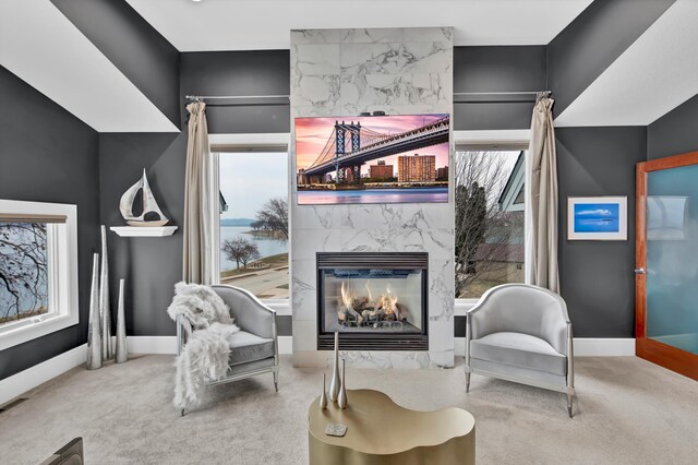 sitting room with carpet floors and a fireplace