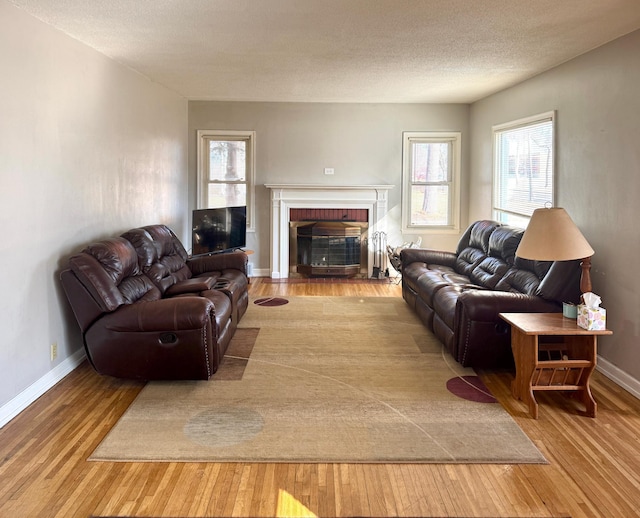 living room featuring baseboards, a textured ceiling, and wood finished floors