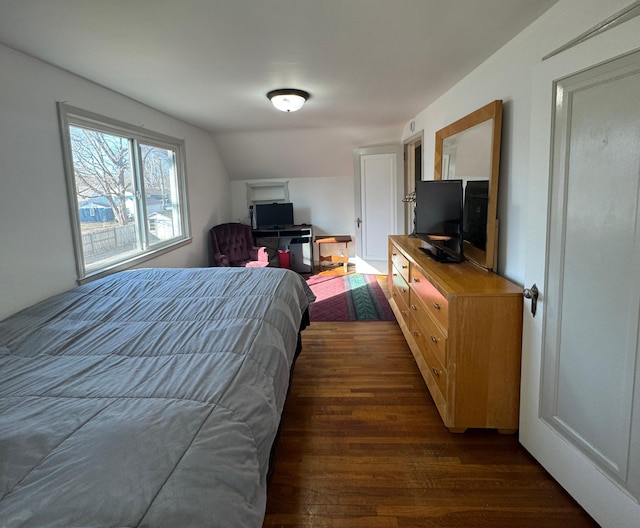 bedroom featuring dark wood-type flooring and vaulted ceiling