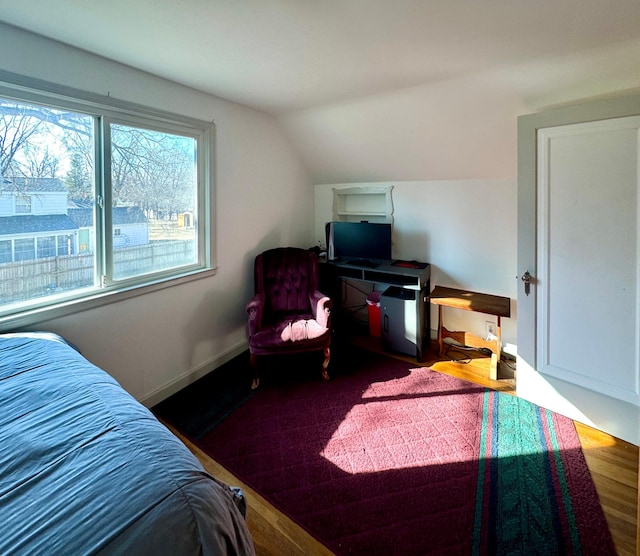 bedroom featuring wood finished floors, baseboards, and vaulted ceiling