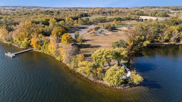 drone / aerial view featuring a water view and a view of trees