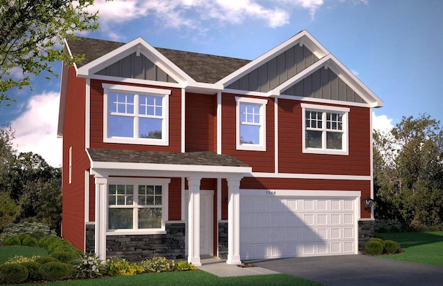 craftsman-style house with driveway, stone siding, a garage, and board and batten siding