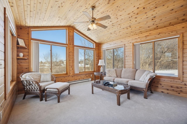 living room featuring wooden ceiling, wood walls, and carpet floors