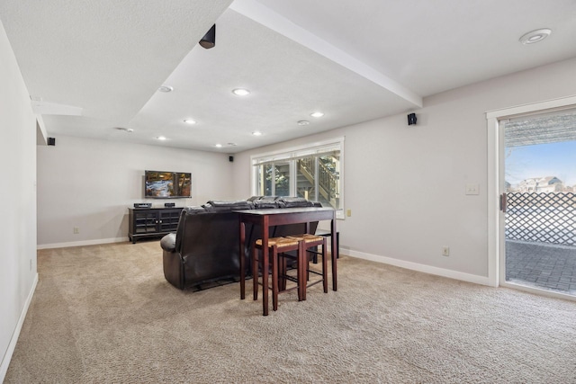 interior space featuring light carpet, plenty of natural light, and baseboards