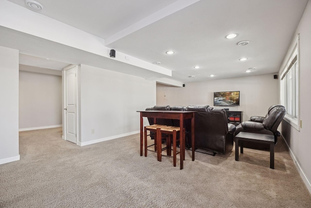 home theater room featuring light carpet, baseboards, and recessed lighting