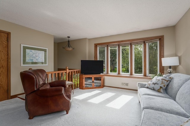 carpeted living room with a textured ceiling