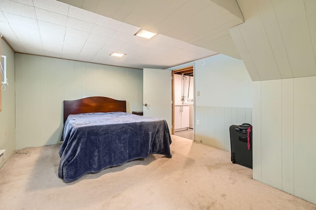 bedroom with light colored carpet