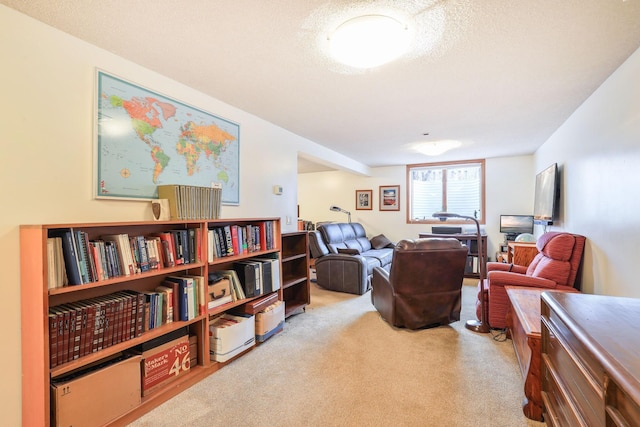 sitting room with carpet and a textured ceiling