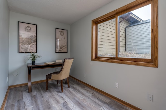 office space with a textured ceiling and light hardwood / wood-style flooring