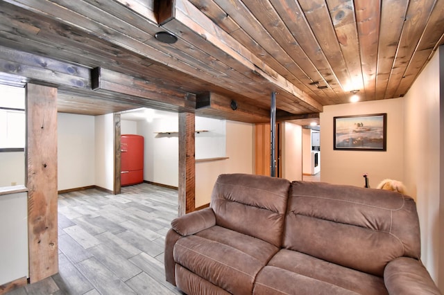 living room with wooden ceiling, light wood finished floors, and baseboards