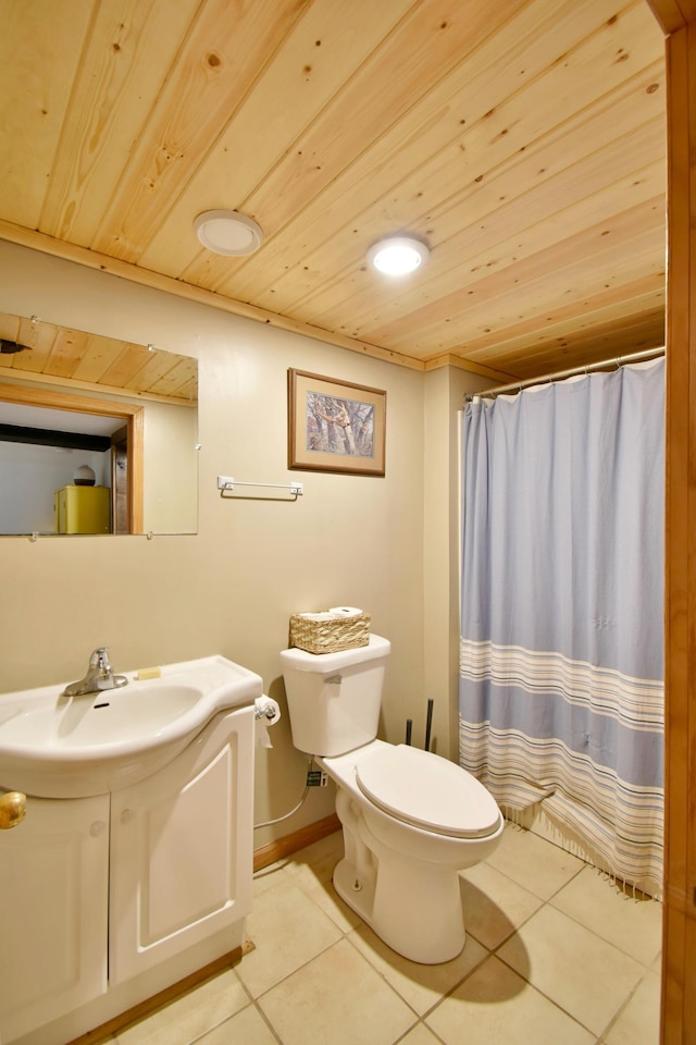 full bath with toilet, vanity, tile patterned flooring, wooden ceiling, and baseboards