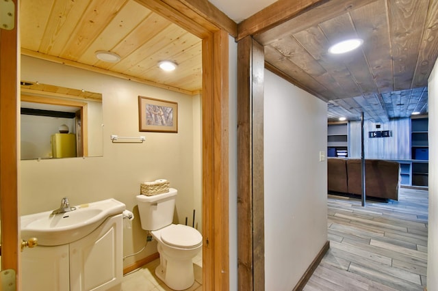 bathroom featuring wood ceiling, vanity, toilet, and wood finished floors