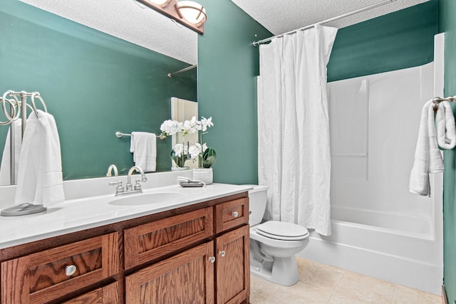 full bathroom with toilet, a textured ceiling, vanity, shower / bath combo, and tile patterned flooring