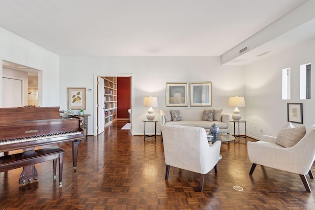 living room with dark parquet flooring