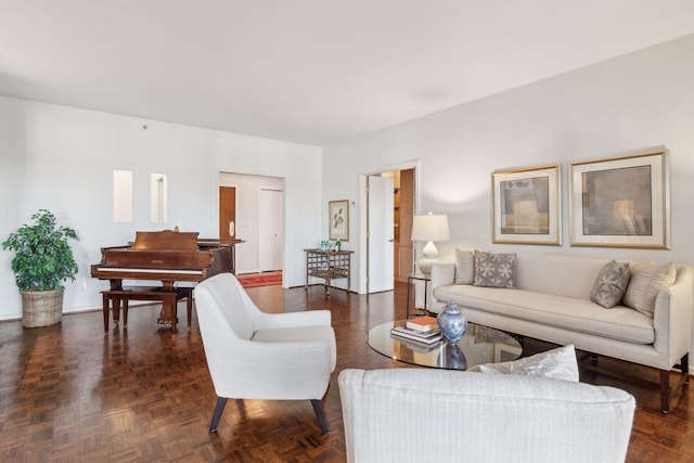 living room with dark parquet flooring