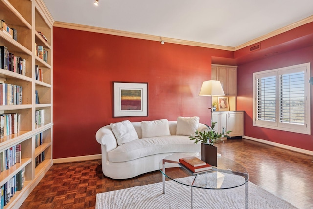 living room featuring ornamental molding and dark parquet flooring